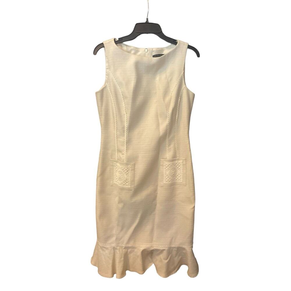 David Meister Sheath Lined Dress Size 8 Beige Embroidery Pockets Sleeveless